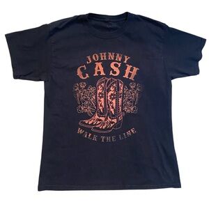 Johnny Cash Walk The Line Black and Orange Cowboy Boots Tee Women’s Size Small